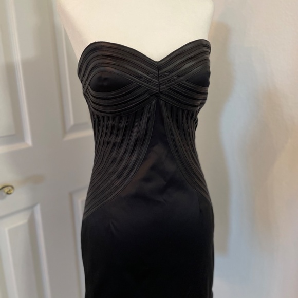 Black Satin Mini dress w/ Faux Leather accents Strapless LBD S/M - Picture 4 of 8